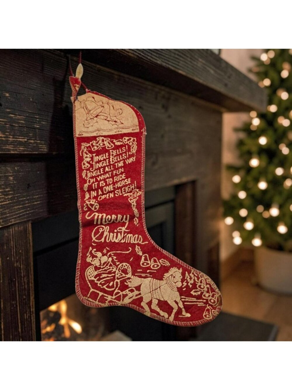 Vintage Red Felt Christmas Stocking Jingle Bells Lyrics Horse-Drawn Sleigh Scene